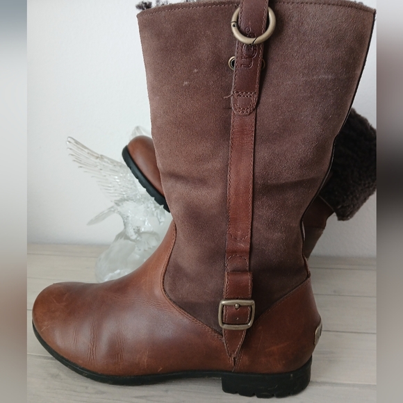 UGG Women's Brown LEATHER Bellvue Ankle Tall SHEARLING Cuff BOOTS shoes Size 8.5 - Picture 8 of 14